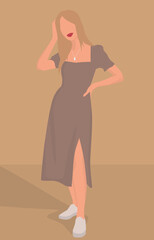 A young girl in a summer dress with a slit. Vector flat image of a lady in a midi dress. Design for postcards, avatars, posters, backgrounds, templates, textiles, banners.