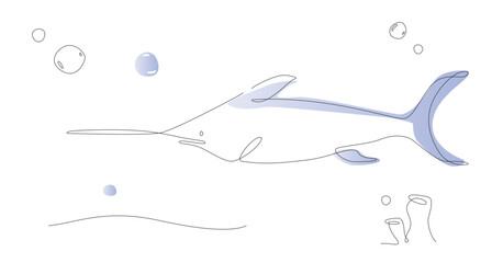One line sword fish illustration. Sea life line art vector. narwal fish outline. © Kristina