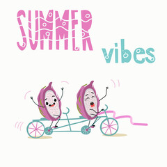 Vector illustration of funny characters, cartoon,  couple of pitahaya, pitahaya, dragon fruit  ride a bike, tandem, win the competition. Lettering for summer vibes.