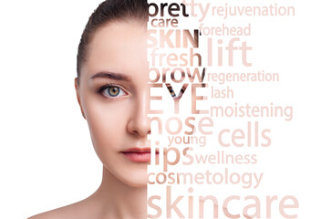 Young woman face with tag words. Beauty skincare concept.