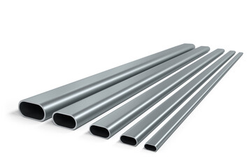 Set of oval steel pipes of different size isolated - 3d render