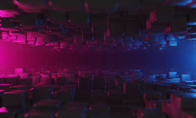Abstract background 3D, many cubes with neon purple blue glow on black interesting science technology background, 3D render illustration. copy space.