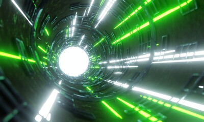 Sci-Fi Tube. Futuristic information technology. Neural digital signal. Green and white color light. 3d rendering.