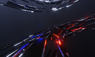 3D rendering background. Dark future background and circle tube wireframe with blue red light reflection.