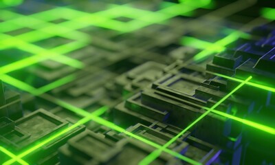 Abstract 3d rendering of black and blue futuristic surface with squares. Sci-fi background. line Green Glow light.hi-tech cyberspace.