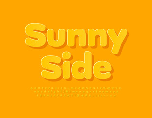 Obraz premium Vector stylish card Sunny Side. Yellow trendy Font. Sticker style Alphabet Letters, Numbers and Symbols set