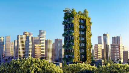 3D render of a skyscraper with vegetation on walls and balconies