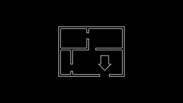 White line Evacuation plan icon isolated on black background. Fire escape plan. 4K Video motion graphic animation