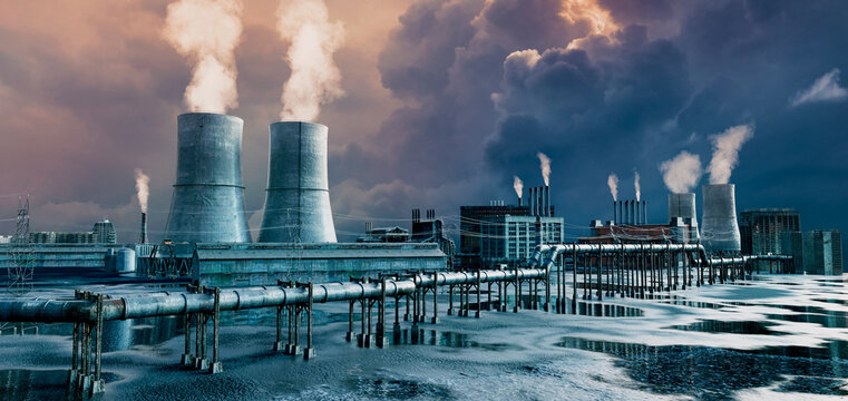 3D render of industrial factory pollution