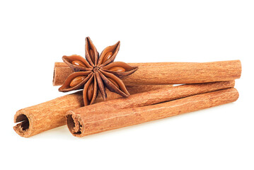 Cinnamon sticks and anise star isolated on a white background