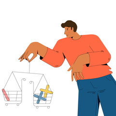 A man weighs the pros and cons in grocery trolley.