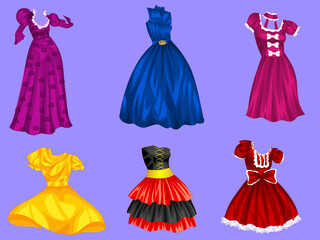 Naklejka premium set of dresses .Party Dresses Collection vector.Illustration of women in traditional.