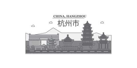 China, Hangzhou city skyline isolated vector illustration, icons