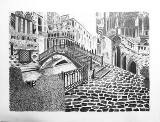An Italian street with houses, a river and cobblestones - an urban landscape drawn in pencil