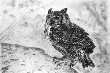 Owl sitting on a ledge of rock - pencil drawing