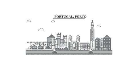 Portugal, Porto city skyline isolated vector illustration, icons - obrazy, fototapety, plakaty