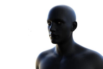 3D render. Portrait of a black bald man on a white background. 