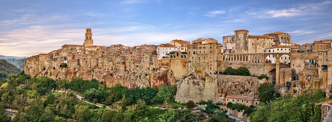 Pitigliano, Grosseto, Tuscany, Italy: landscape at dawn of the picturesque medieval town founded in...