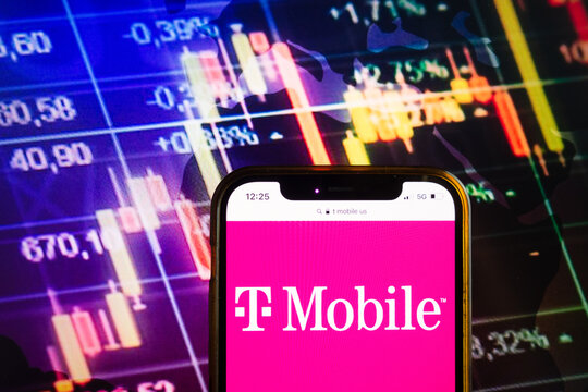 KONSKIE, POLAND - August 07, 2022: Smartphone displaying logo of T-Mobile US Inc on stock exchange chart background