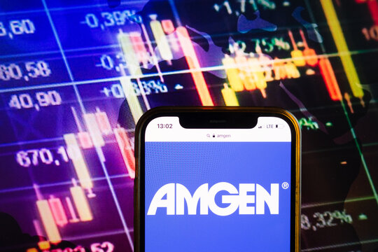 KONSKIE, POLAND - August 07, 2022: Smartphone displaying logo of Amgen Inc on stock exchange chart background