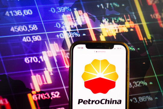 KONSKIE, POLAND - August 07, 2022: Smartphone displaying logo of PetroChina Company Limited on stock exchange chart background