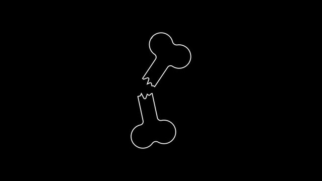 White line Human broken bone icon isolated on black background. 4K Video motion graphic animation