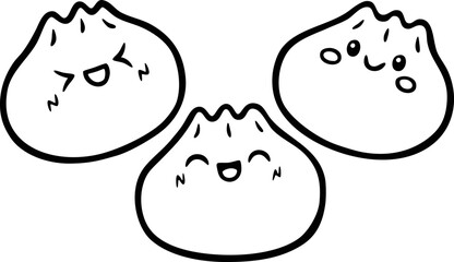Vector Cartoon Cute Happy Kawaii Dumplings Line Art