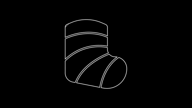 White line Gypsum cast medical health broken leg icon isolated on black background. 4K Video motion graphic animation