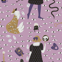 Magic Halloween seamless pattern with carnival party characters