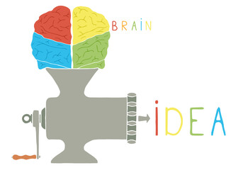 The brain is loaded into the meat grinder, the word "idea" comes out of the meat grinder. Concept of invention, ingenuity, creativity, new idea.