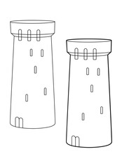 Medieval castle with waving flags. Romanesque architecture. Line art illustration isolated on white background