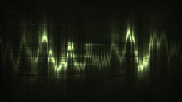 Abstract animation of an electrocardiogram in green neon led light. Motion. Heartbeat chart, EKG signal beat process on display monitor.