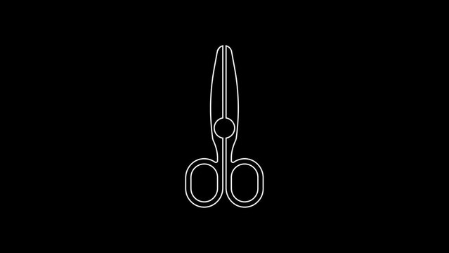 White line Scissors icon isolated on black background. Tailor symbol. Cutting tool sign. 4K Video motion graphic animation