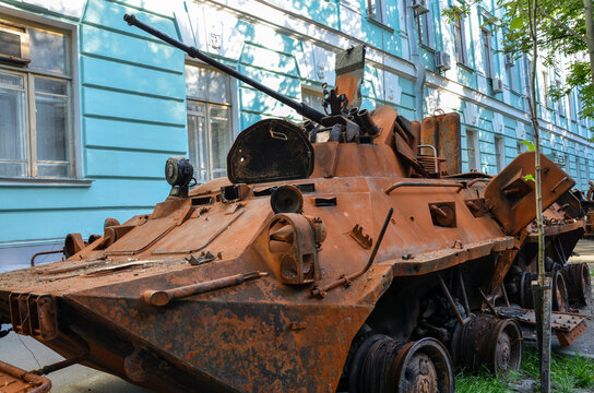 Destroyed as a result of an artillery strike BTR-82A armored personnel carrier of russian invaders