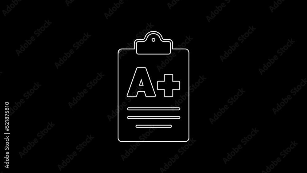 Sticker White line Exam sheet with A plus grade icon isolated on black background. Test paper, exam, or survey concept. School test or exam. 4K Video motion graphic animation