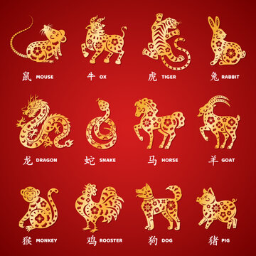Chinese New Year horoscope animals icons set. Vector illustration. China zodiac calendar logo, asian lunar astrology signs. Rabbit, dragon, snake horse silhouette. Spring tradition paper cut style