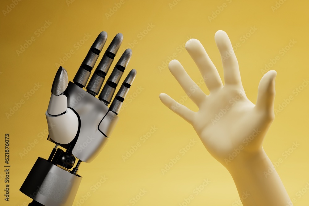 Aufkleber robots will replace human labor in the future. robotic future of mankind. european human hand and ro