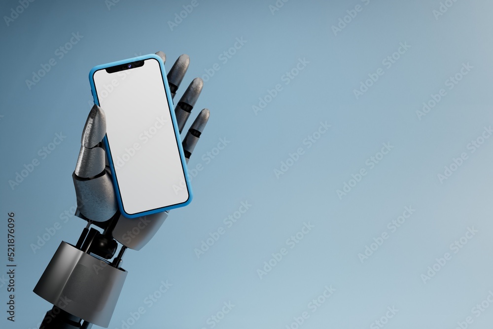 Aufkleber robotic future. online services provided by robots via smartphone. robot hand with smartphone on blu