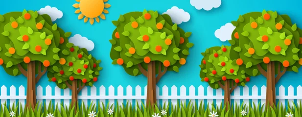 Gordijnen Fruit trees with ripe fruits, summer day in garden, white wood fence, harvest time. Vector illustration. Rural countryside landscape cute funny cartoon design. Horticulture concept, © kotoffei