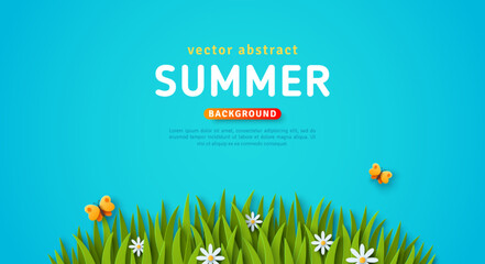 Summer spring background, butterfly, green grass lawn, white daisy. Vector illustration. Paper cut style. Place for text. Modern cartoon concept, village countryside scene, meadow landscape