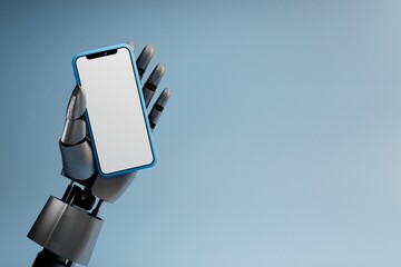 robotic future. online services provided by robots via smartphone. robot hand with smartphone on blue background. copy space, copy paste. 3d render. 3d illustration