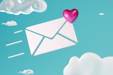 abstract background. a declaration of love flies to its owner. congratulations on Valentine's Day. a declaration of love flies in white clouds against a blue sky. 3d render.3d illustration