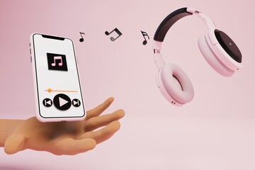 good sounding music on the phone with headphones. a European holds a smartphone in his hand from which the notes of a music track fly out to the headphones on a pink background. 3d render