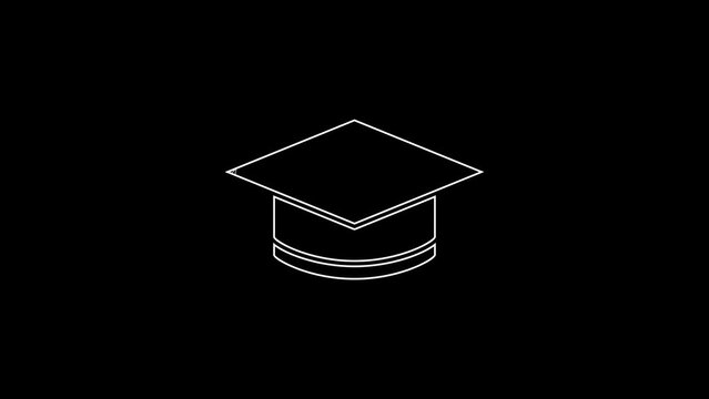 White line Graduation cap icon isolated on black background. Graduation hat with tassel icon. 4K Video motion graphic animation