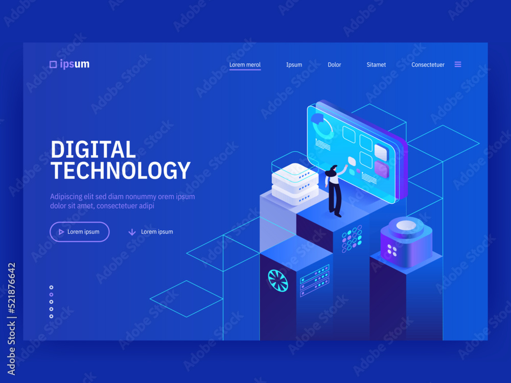Poster Digital technology website landing page template. Monitoring and testing of the digital process. Digital business analysis. Conceptual isometric vector illustration.