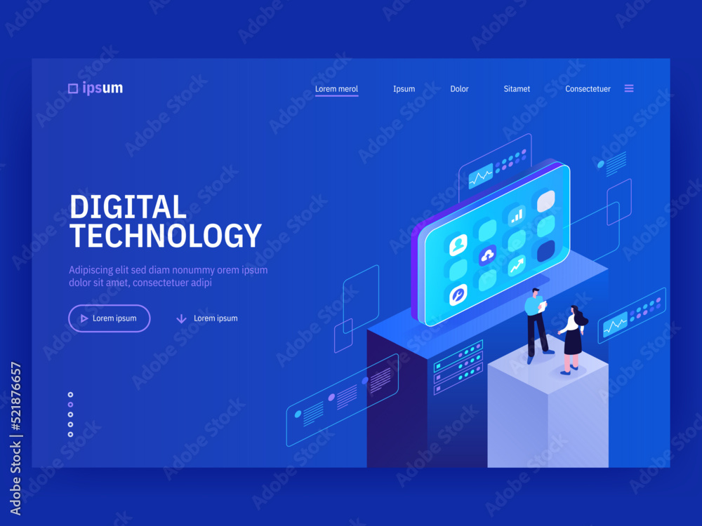 Poster digital technology website landing page template. monitoring and testing of the digital process. dig