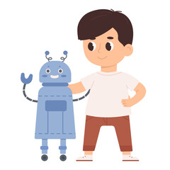 Boy with robot. Robotics technology and invention of robots.