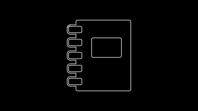 White line Notebook icon isolated on black background. Spiral notepad icon. School notebook. Writing pad. Diary for school. 4K Video motion graphic animation