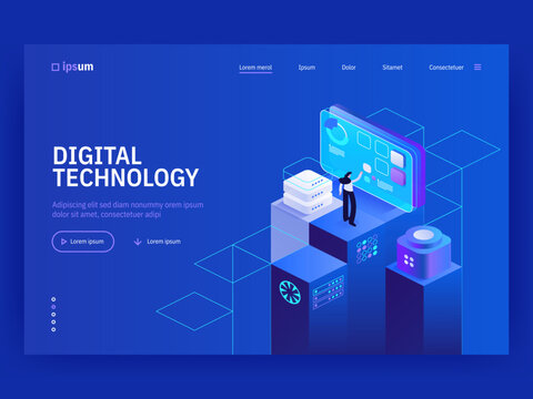 Digital technology website landing page template. Monitoring and testing of the digital process. Digital business analysis. Conceptual isometric vector illustration.