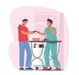 Animal Health Care And Medicine Concept, Vet Clinic Doctor Working And Caring Of Pets. Man Owner With Rats In Cage